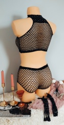 Czarny komplet siateczkowej bielizny z kryształkami bodystocking siatka rękawiczki