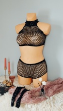 Czarny komplet siateczkowej bielizny z kryształkami bodystocking siatka rękawiczki