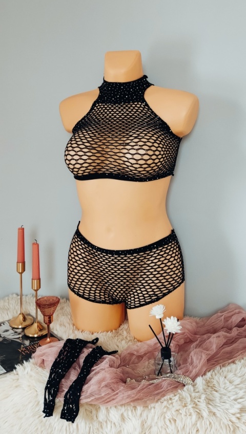 Czarny komplet siateczkowej bielizny z kryształkami bodystocking siatka rękawiczki