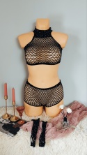 Czarny komplet siateczkowej bielizny z kryształkami bodystocking siatka rękawiczki