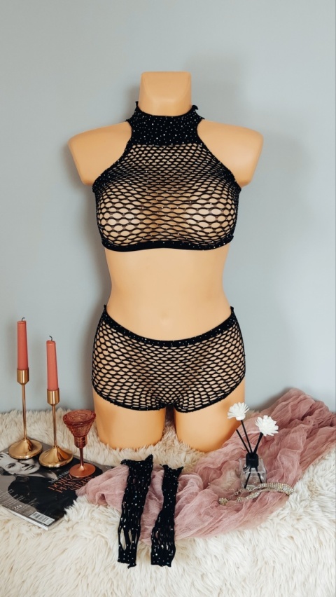 Czarny komplet siateczkowej bielizny z kryształkami bodystocking siatka rękawiczki